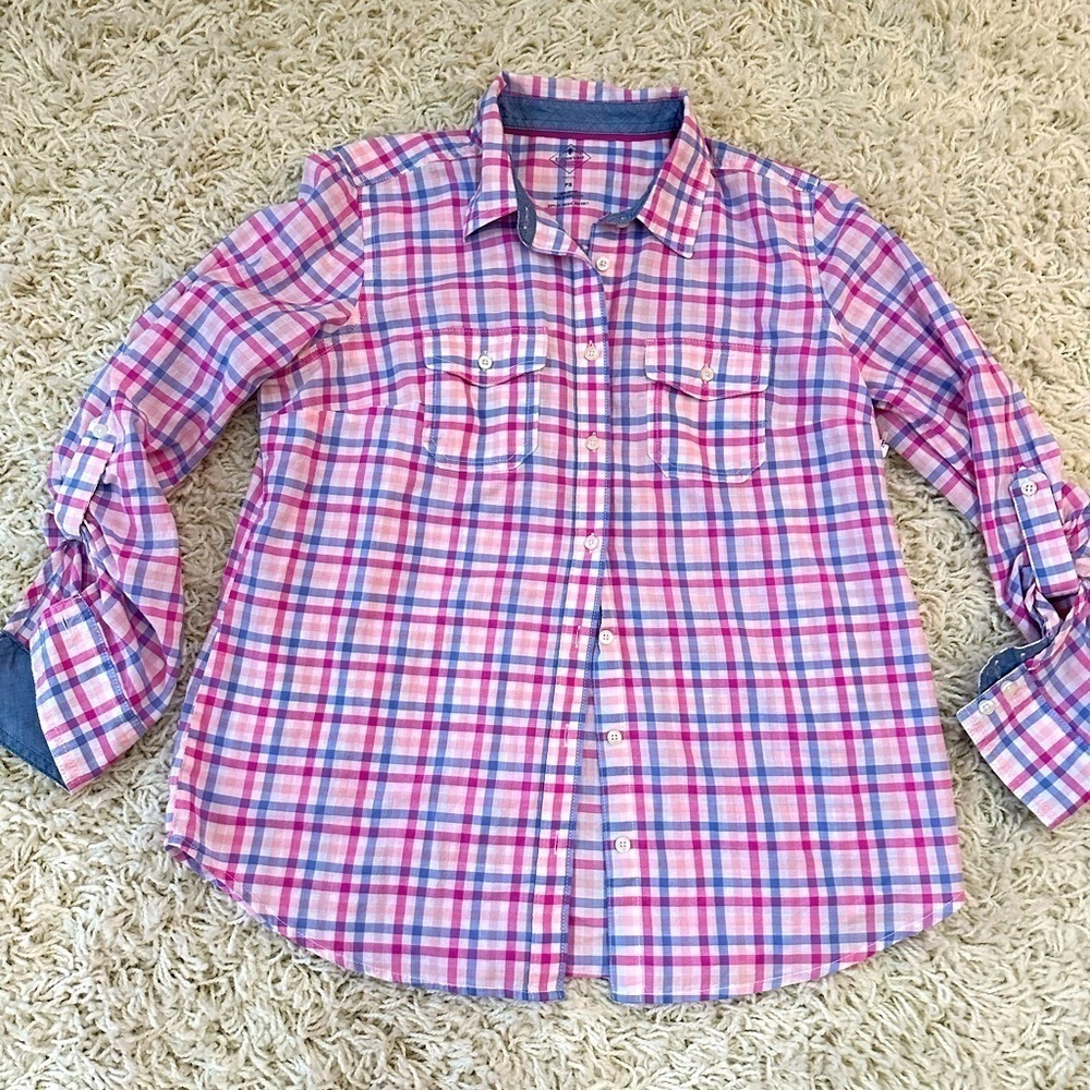 St. John’s Bay Petite Small Long Sleeve Button Up Pink and Blue Woman’s Top